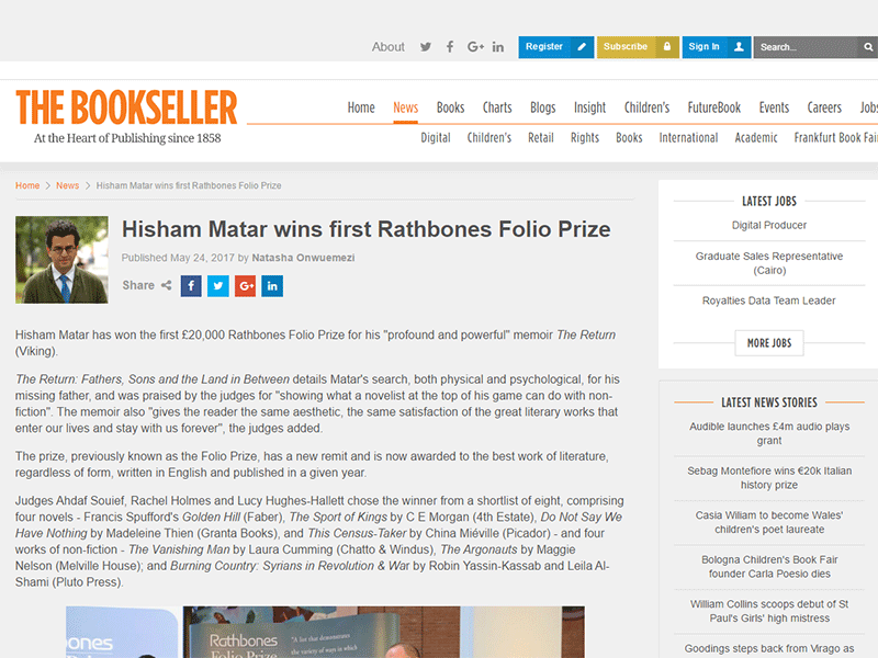 The Bookseller's article on the 2017 Rathbones Folio Prize winning book, The Return by Hisham Matar