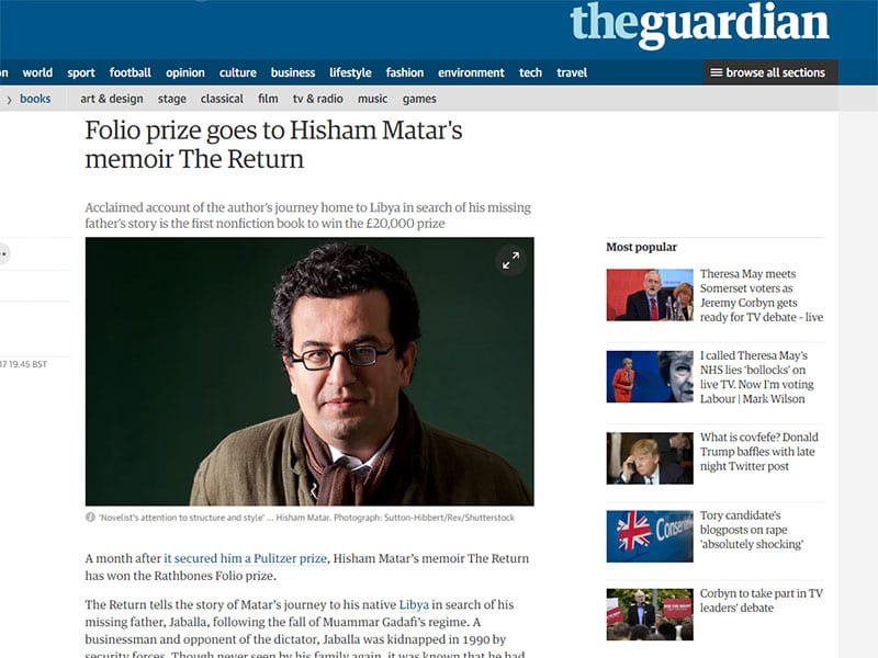 The Guardian on the 2017 Rathbones Folio Prize winning book, The Return by Hisham Matar